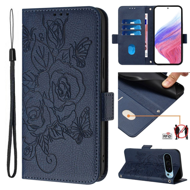 For Google Pixel 9 / 9 Pro Embossed Rose RFID Anti-theft Leather Phone Case(Dark Blue) - Google Cases by PMC TechLife | Online Shopping South Africa | PMC TechLife | Buy Now Pay Later Mobicred