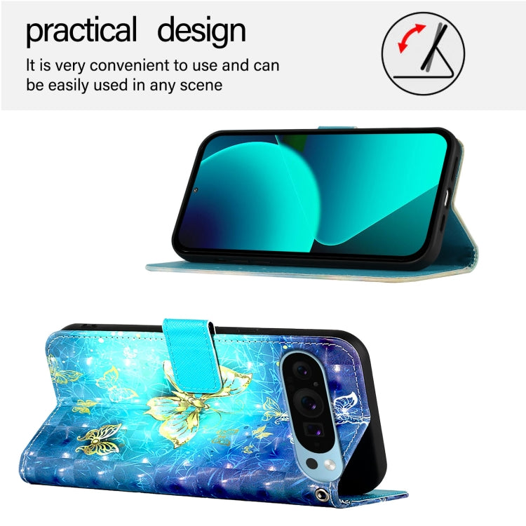 For Google Pixel 9 3D Painting Horizontal Flip Leather Phone Case(Golden Butterfly) - Google Cases by PMC TechLife | Online Shopping South Africa | PMC TechLife | Buy Now Pay Later Mobicred