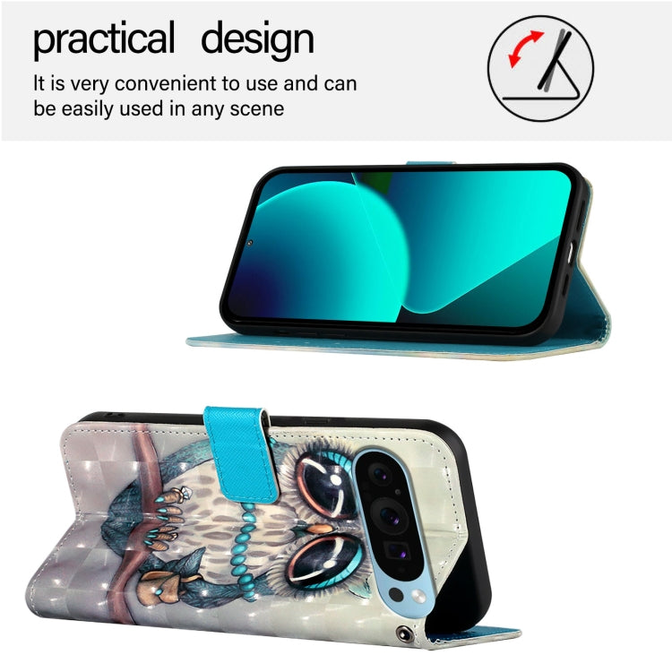 For Google Pixel 9 3D Painting Horizontal Flip Leather Phone Case(Grey Owl) - Google Cases by PMC TechLife | Online Shopping South Africa | PMC TechLife | Buy Now Pay Later Mobicred
