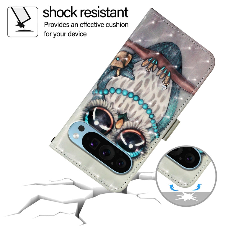 For Google Pixel 9 3D Painting Horizontal Flip Leather Phone Case(Grey Owl) - Google Cases by PMC TechLife | Online Shopping South Africa | PMC TechLife | Buy Now Pay Later Mobicred