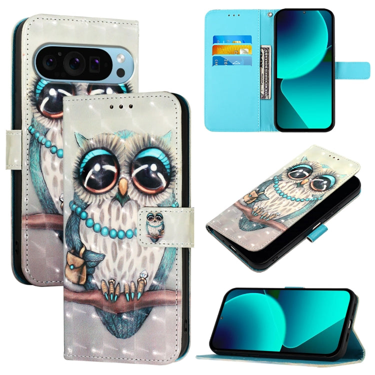 For Google Pixel 9 Pro XL 3D Painting Horizontal Flip Leather Phone Case(Grey Owl) - Google Cases by PMC TechLife | Online Shopping South Africa | PMC TechLife | Buy Now Pay Later Mobicred