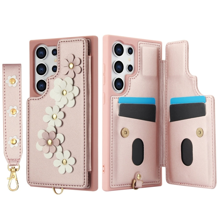 For Samsung Galaxy S25 Ultra 5G Crossbody Flower Pattern Leather Phone Case(Rose Gold) - free shipping - PMC Jewellery - Order now!