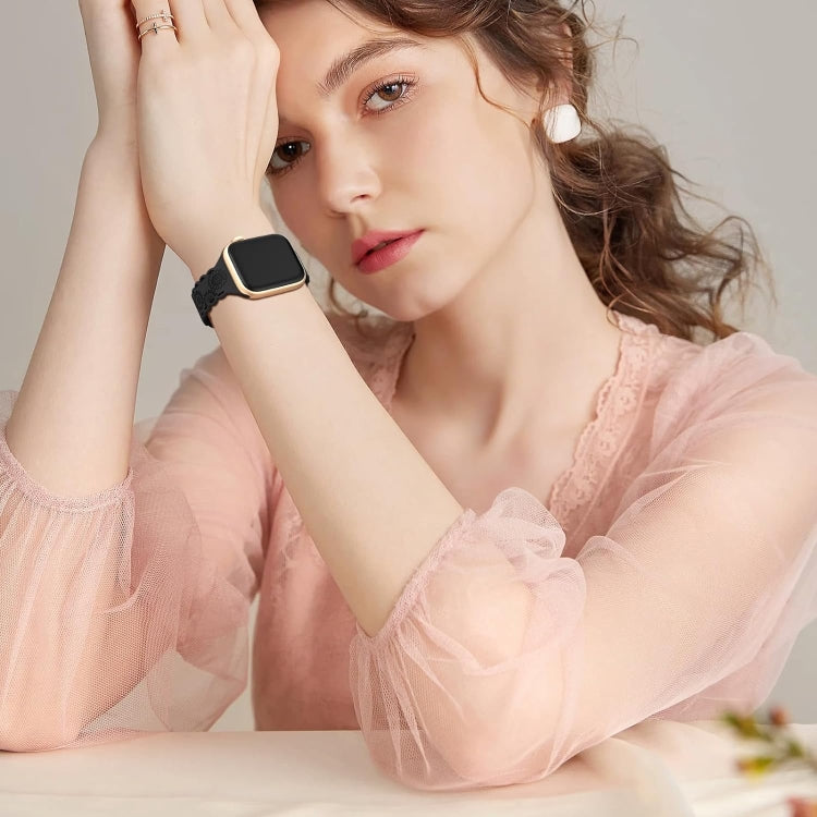 For Apple Watch SE 2023 44mm Lace Sunflower Embossed Silicone Watch Band(Black) - Watch Bands by PMc TechLife | Online Shopping South Africa | PMc TechLife | Buy Now Pay Later Mobicred