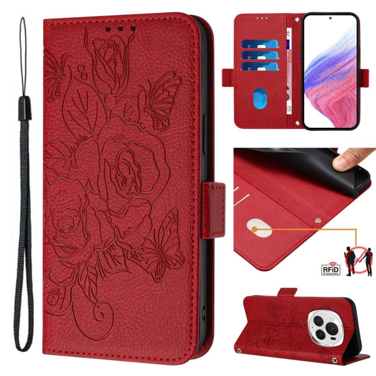 For Honor Magic6 Pro 5G Embossed Rose RFID Anti-theft Leather Phone Case(Red) - free shipping - PMC Jewellery - Order now!