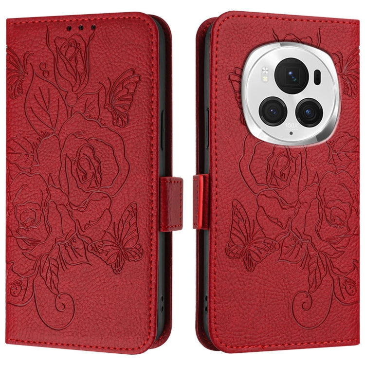 For Honor Magic6 Pro 5G Embossed Rose RFID Anti-theft Leather Phone Case(Red) - free shipping - PMC Jewellery - Order now!