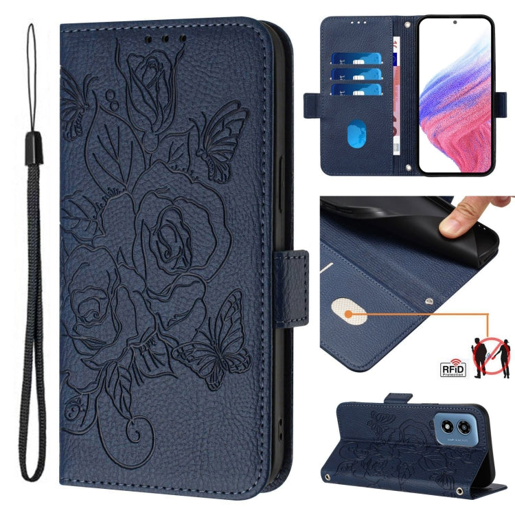 For Motorola Moto G Play 4G 2024 Embossed Rose RFID Anti-theft Leather Phone Case(Dark Blue) - Motorola Cases by PMC Jewellery | Online Shopping South Africa | PMC Jewellery | Buy Now Pay Later Mobicred