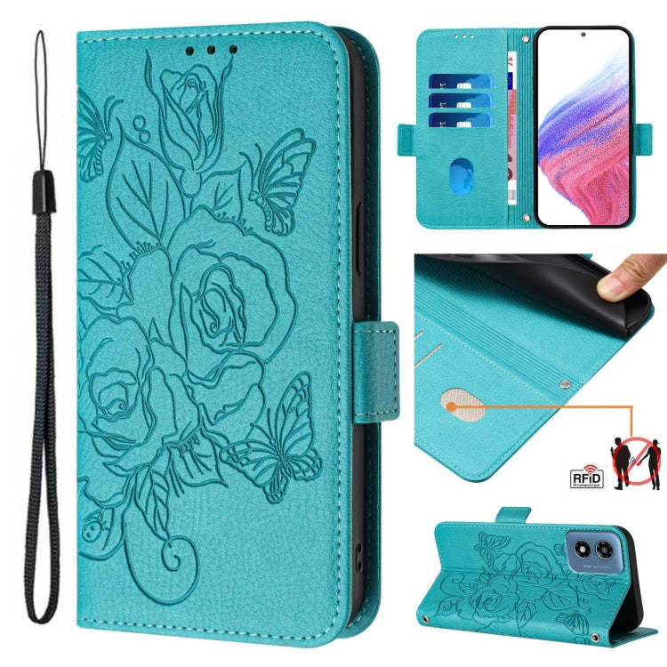 For Motorola Moto G Play 5G / G 5G 2024 Embossed Rose RFID Anti-theft Leather Phone Case(Light Blue) - Motorola Cases by PMC Jewellery | Online Shopping South Africa | PMC Jewellery | Buy Now Pay Later Mobicred