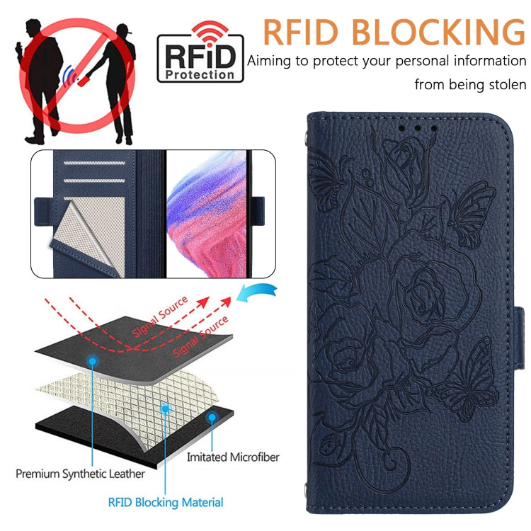 For Motorola Moto G Play 5G / G 5G 2024 Embossed Rose RFID Anti-theft Leather Phone Case(Dark Blue) - Motorola Cases by PMC Jewellery | Online Shopping South Africa | PMC Jewellery | Buy Now Pay Later Mobicred