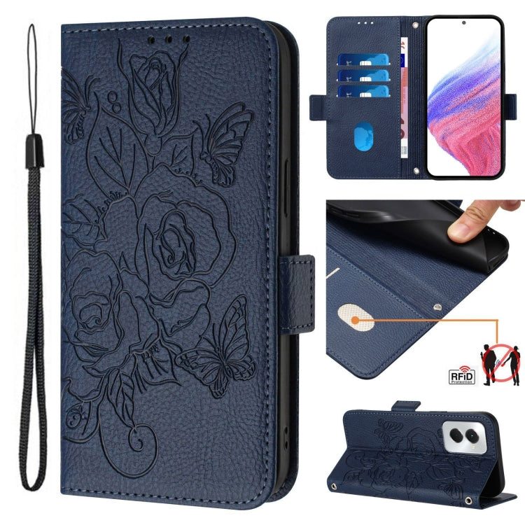 For Motorola Moto G Power 5G 2024 Embossed Rose RFID Anti-theft Leather Phone Case(Dark Blue) - Motorola Cases by PMC Jewellery | Online Shopping South Africa | PMC Jewellery | Buy Now Pay Later Mobicred