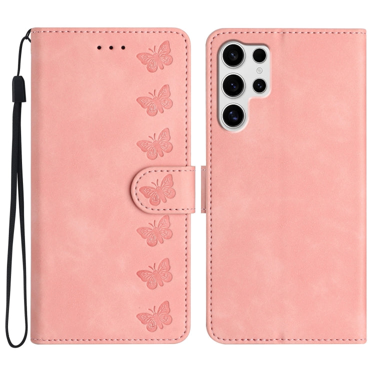 For Samsung Galaxy S25 Ultra 5G Seven Butterflies Embossed Leather Phone Case(Pink) - free shipping - PMC Jewellery - Order now!