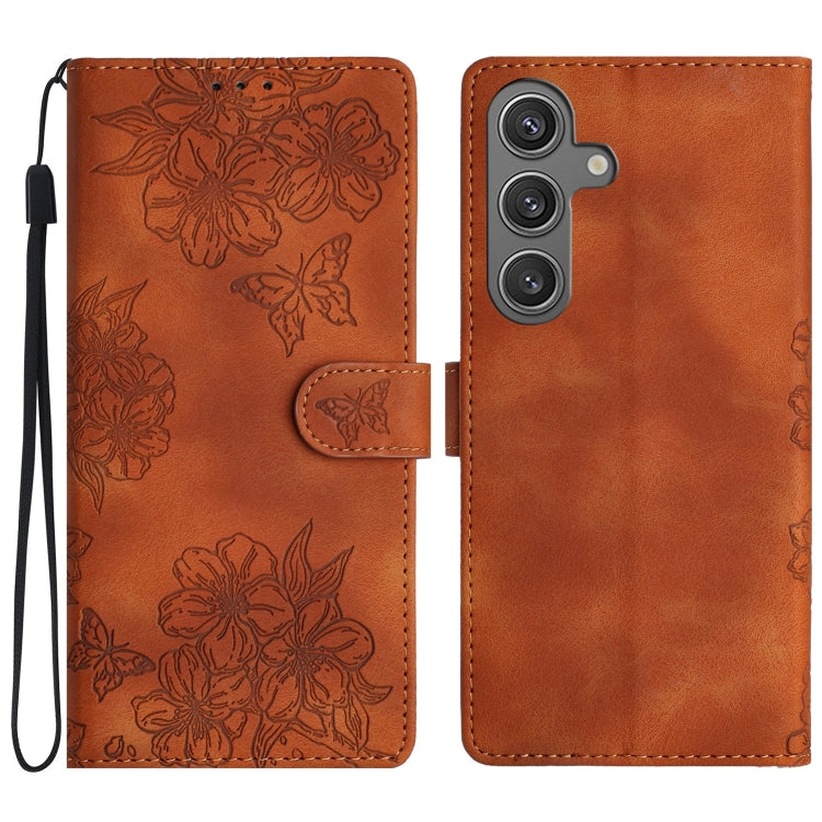 For Samsung Galaxy S25 5G Cherry Blossom Butterfly Skin Feel Embossed PU Phone Case(Brown) - free shipping - PMC Jewellery - Order now!