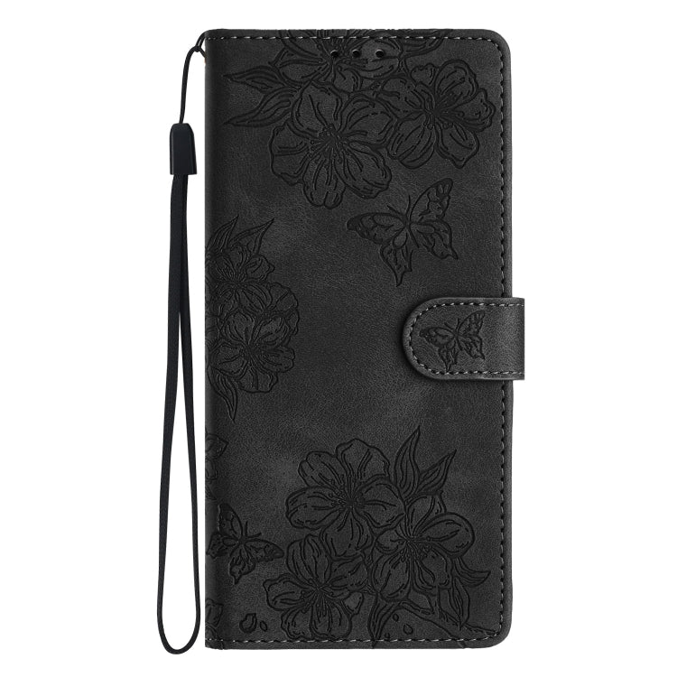 For Samsung Galaxy S25 5G Cherry Blossom Butterfly Skin Feel Embossed PU Phone Case(Black) - Galaxy S25 5G Cases by PMC Jewellery | Online Shopping South Africa | PMC Jewellery | Buy Now Pay Later Mobicred