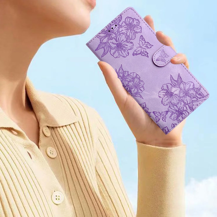 For Samsung Galaxy S25+ 5G Cherry Blossom Butterfly Skin Feel Embossed PU Phone Case(Purple) - Galaxy S25+ 5G Cases by PMC Jewellery | Online Shopping South Africa | PMC Jewellery | Buy Now Pay Later Mobicred