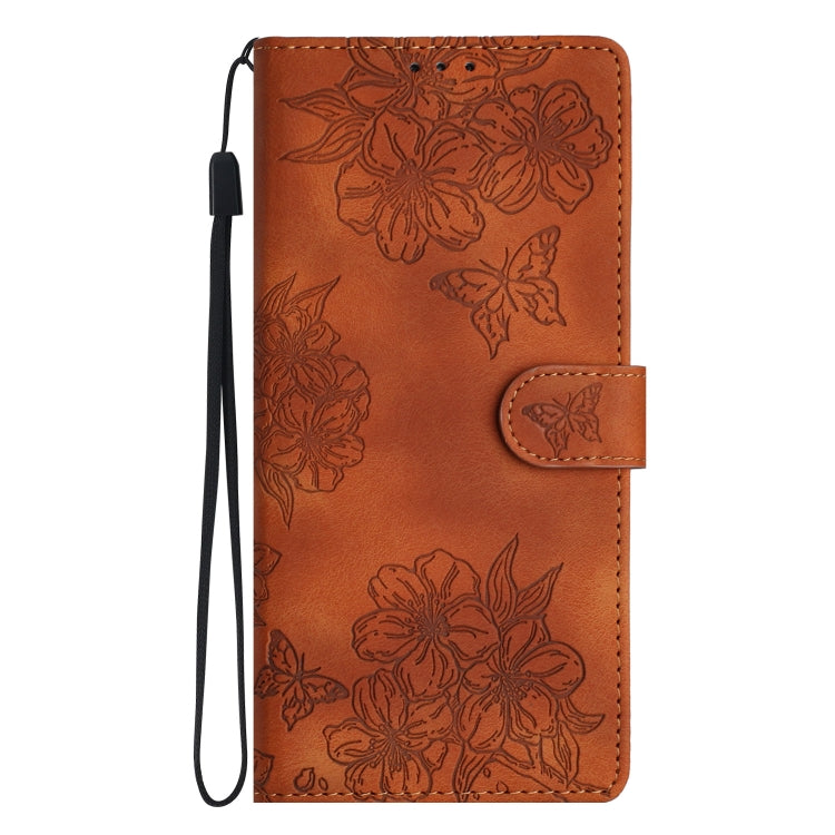For Samsung Galaxy S25+ 5G Cherry Blossom Butterfly Skin Feel Embossed PU Phone Case(Brown) - Galaxy S25+ 5G Cases by PMC Jewellery | Online Shopping South Africa | PMC Jewellery | Buy Now Pay Later Mobicred