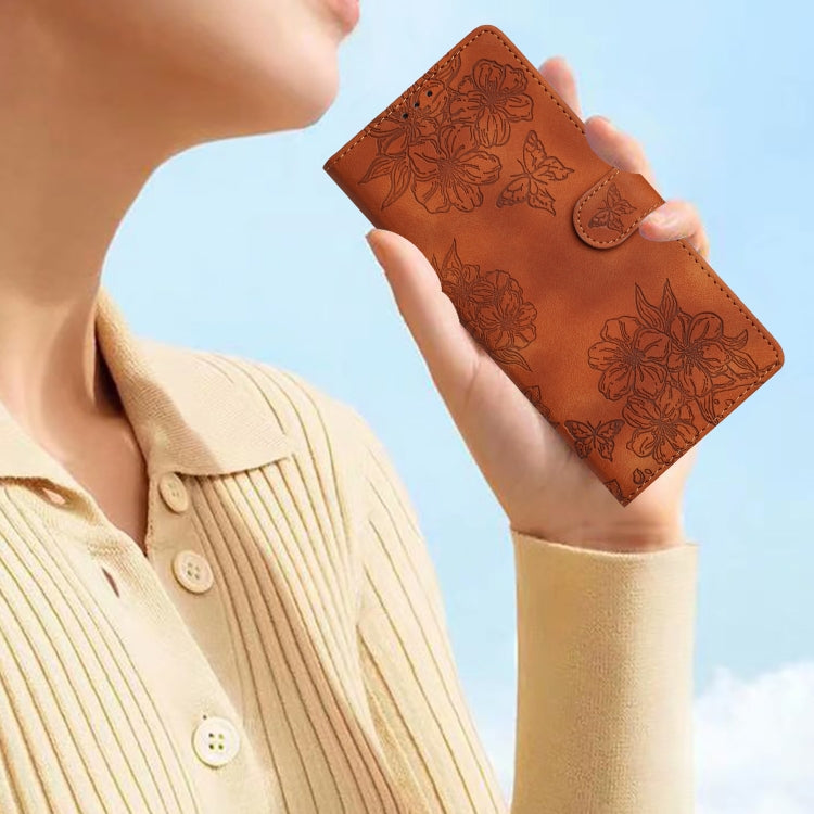 For Samsung Galaxy S25+ 5G Cherry Blossom Butterfly Skin Feel Embossed PU Phone Case(Brown) - Galaxy S25+ 5G Cases by PMC Jewellery | Online Shopping South Africa | PMC Jewellery | Buy Now Pay Later Mobicred