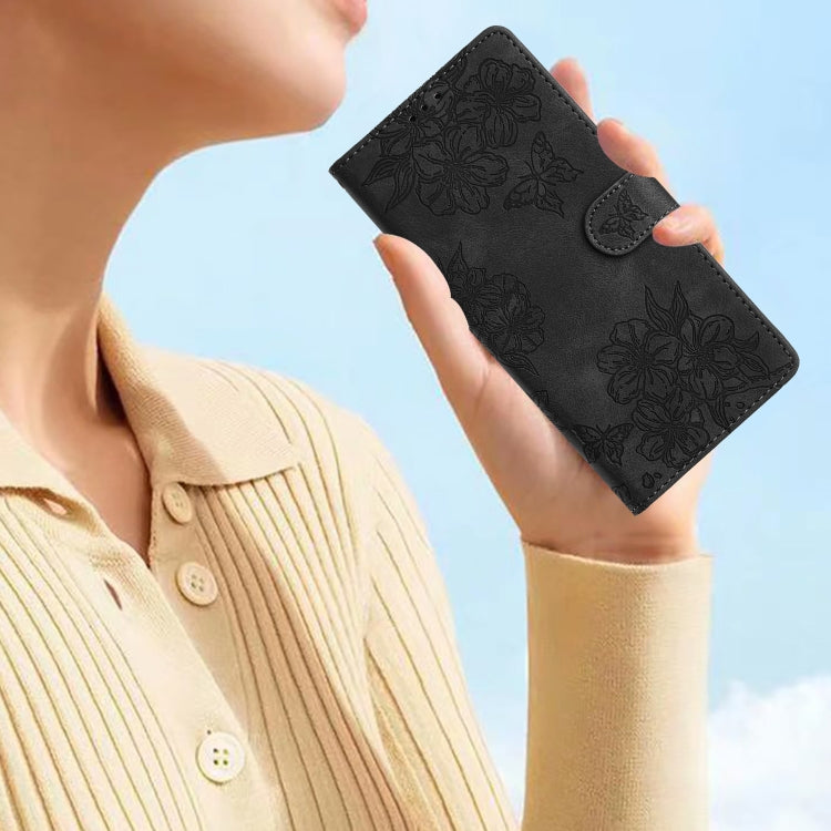 For Samsung Galaxy S25+ 5G Cherry Blossom Butterfly Skin Feel Embossed PU Phone Case(Black) - free shipping - PMC Jewellery - Order now!