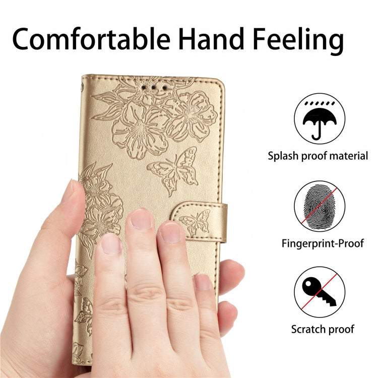 For Samsung Galaxy S25+ 5G Cherry Blossom Butterfly Skin Feel Embossed PU Phone Case(Gold) - Galaxy S25+ 5G Cases by PMC Jewellery | Online Shopping South Africa | PMC Jewellery | Buy Now Pay Later Mobicred