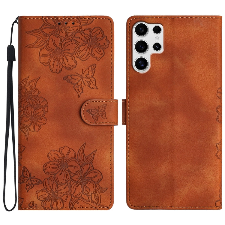 For Samsung Galaxy S25 Ultra 5G Cherry Blossom Butterfly Skin Feel Embossed PU Phone Case(Brown) - Galaxy S25 Ultra 5G Cases by PMC TechLife | Online Shopping South Africa | PMC TechLife | Buy Now Pay Later Mobicred