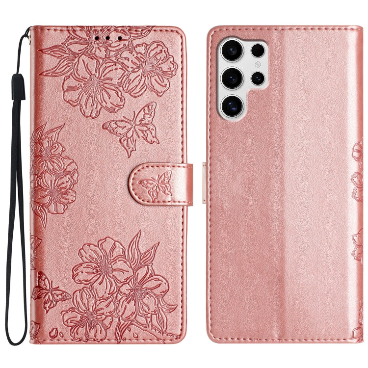 For Samsung Galaxy S25 Ultra 5G Cherry Blossom Butterfly Skin Feel Embossed PU Phone Case(Rose Gold) - Galaxy S25 Ultra 5G Cases by PMC TechLife | Online Shopping South Africa | PMC TechLife | Buy Now Pay Later Mobicred