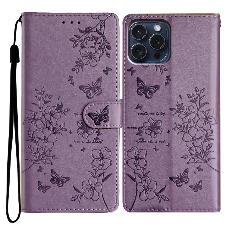 For iPhone 16 Pro Butterflies and Flowers Leather Phone Case(Purple) - iPhone 16 Pro Cases by PMC TechLife | Online Shopping South Africa | PMC TechLife | Buy Now Pay Later Mobicred