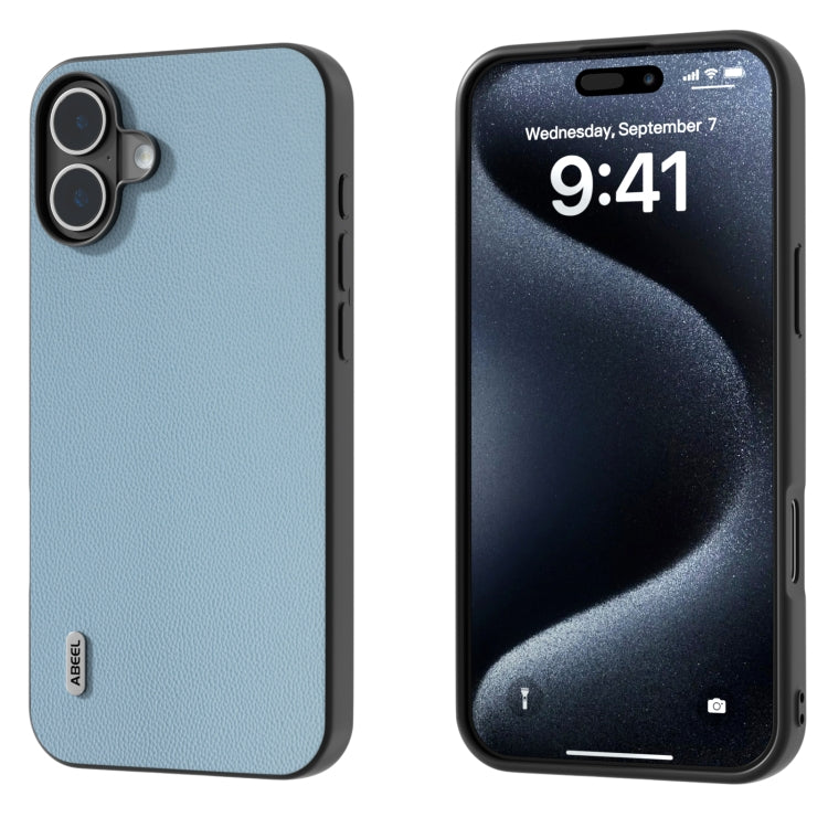 For iPhone 16 Plus ABEEL Black Frame Genuine Leather Elegant Phone Case(Sky Blue) - iPhone 16 Plus Cases by PMC TechLife | Online Shopping South Africa | PMC TechLife | Buy Now Pay Later Mobicred