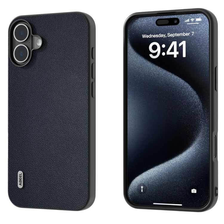 For iPhone 16 ABEEL Black Frame Genuine Leather Elegant Phone Case(Blue) - iPhone 16 Cases by PMC TechLife | Online Shopping South Africa | PMC TechLife | Buy Now Pay Later Mobicred