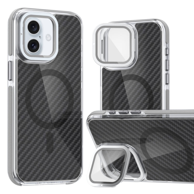 For iPhone 16 Magsafe Dual-Color Carbon Fiber Lens Film Phone Case with Lens Fold Holder(Gray) - iPhone 16 Cases by PMC TechLife | Online Shopping South Africa | PMC TechLife | Buy Now Pay Later Mobicred