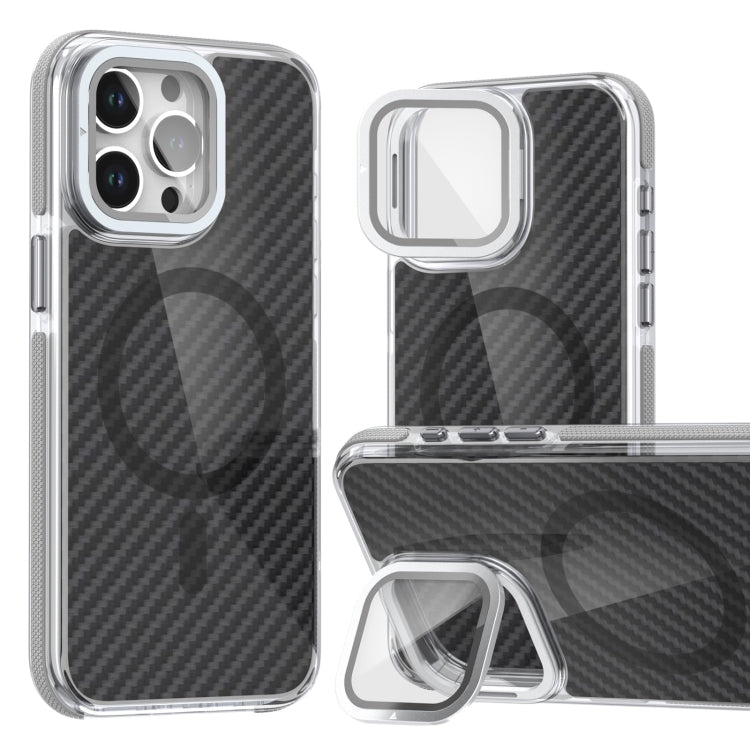 For iPhone 16 Pro Max Magsafe Dual-Color Carbon Fiber Lens Film Phone Case with Lens Fold Holder(Gray) - iPhone 16 Pro Max Cases by PMC TechLife | Online Shopping South Africa | PMC TechLife | Buy Now Pay Later Mobicred