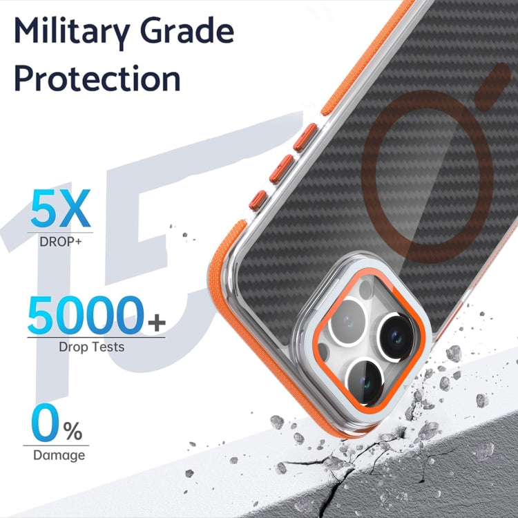 For iPhone 16 Pro Magsafe Dual-Color Carbon Fiber Lens Film Phone Case with Lens Fold Holder(Gray) - iPhone 16 Pro Cases by PMC TechLife | Online Shopping South Africa | PMC TechLife | Buy Now Pay Later Mobicred