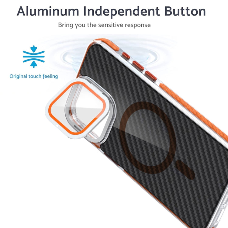 For iPhone 16 Magsafe Dual-Color Carbon Fiber Lens Film Phone Case with Lens Fold Holder(Black) - iPhone 16 Cases by PMC TechLife | Online Shopping South Africa | PMC TechLife | Buy Now Pay Later Mobicred