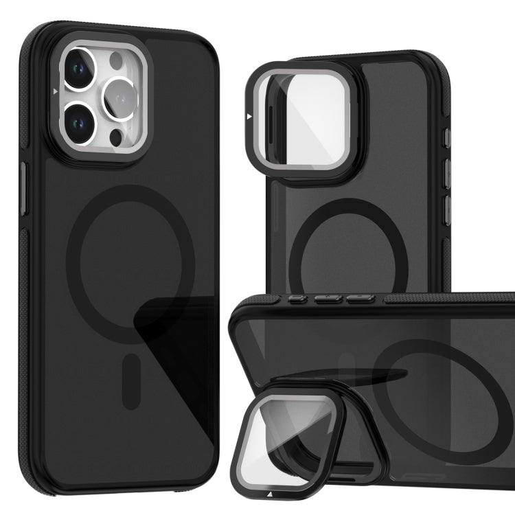 For iPhone 16 Pro Max Magsafe Dual-Color Skin Feel Lens Film Phone Case with Lens Fold Holder(Black) - iPhone 16 Pro Max Cases by PMC TechLife | Online Shopping South Africa | PMC TechLife | Buy Now Pay Later Mobicred