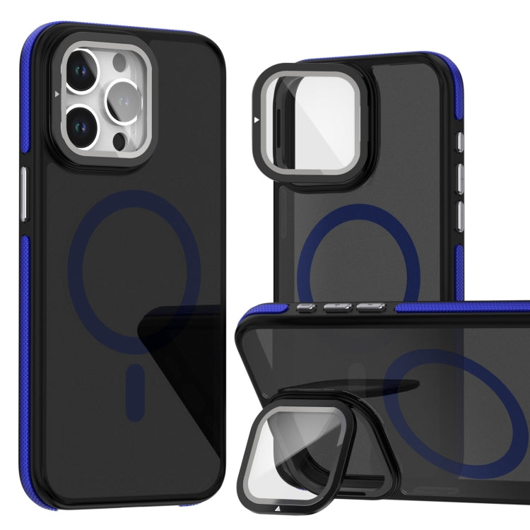 For iPhone 16 Pro Max Magsafe Dual-Color Skin Feel Lens Film Phone Case with Lens Fold Holder(Blue) - More iPhone Cases by PMC TechLife | Online Shopping South Africa | PMC TechLife | Buy Now Pay Later Mobicred