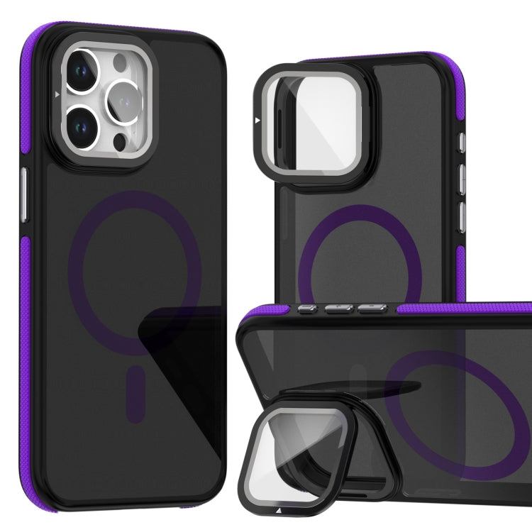 For iPhone 16 Pro Max Magsafe Dual-Color Skin Feel Lens Film Phone Case with Lens Fold Holder(Purple) - free shipping - PMC TechLife - Order now!