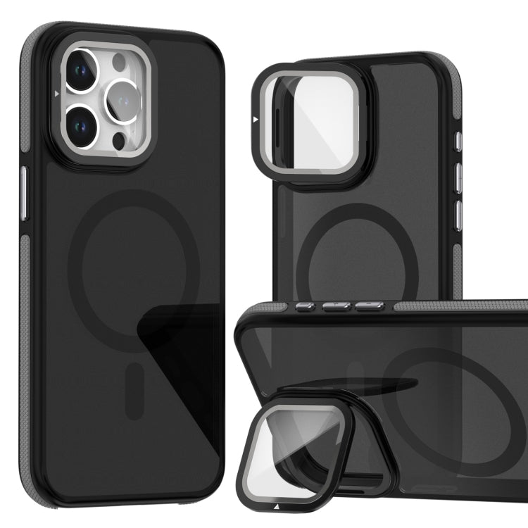 For iPhone 16 Pro Magsafe Dual-Color Skin Feel Lens Film Phone Case with Lens Fold Holder(Gray) - iPhone 16 Pro Cases by PMC TechLife | Online Shopping South Africa | PMC TechLife | Buy Now Pay Later Mobicred