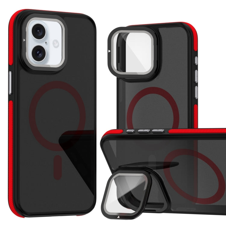 For iPhone 16 Magsafe Dual-Color Skin Feel Lens Film Phone Case with Lens Fold Holder(Red) - More iPhone Cases by PMC TechLife | Online Shopping South Africa | PMC TechLife | Buy Now Pay Later Mobicred