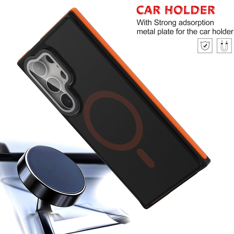 For Samsung Galaxy S24 Ultra 5G Magsafe Dual-Color Skin Feel Lens Film Phone Case with Lens Fold Holder(Blue) - Galaxy S24 Ultra 5G Cases by PMC Jewellery | Online Shopping South Africa | PMC Jewellery | Buy Now Pay Later Mobicred