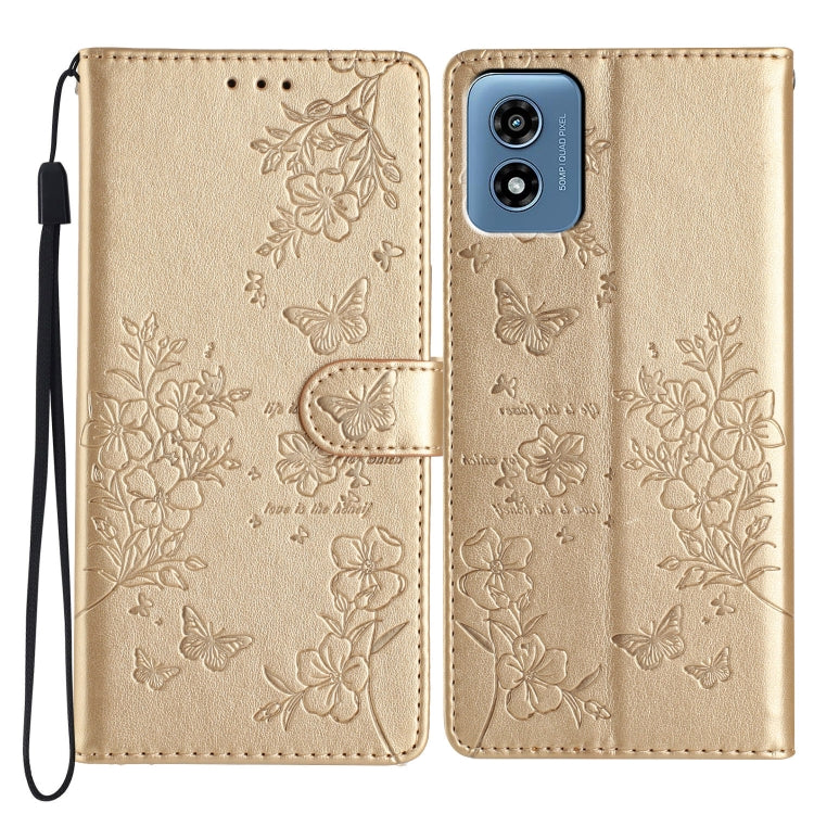 For Motorola Moto G Play 5G 2024 Butterflies and Flowers Leather Phone Case(Gold) - Motorola Cases by PMC Jewellery | Online Shopping South Africa | PMC Jewellery | Buy Now Pay Later Mobicred