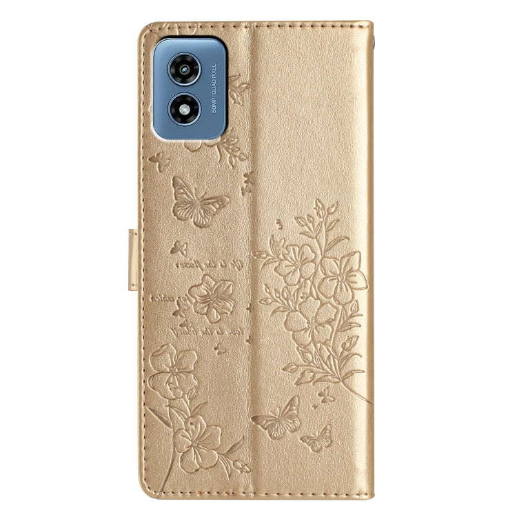 For Motorola Moto G Play 5G 2024 Butterflies and Flowers Leather Phone Case(Gold) - Motorola Cases by PMC Jewellery | Online Shopping South Africa | PMC Jewellery | Buy Now Pay Later Mobicred