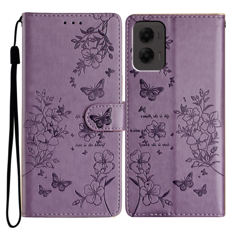 For Motorola Moto G Stylus 5G 2024 Butterflies and Flowers Leather Phone Case(Purple) - Motorola Cases by PMC Jewellery | Online Shopping South Africa | PMC Jewellery | Buy Now Pay Later Mobicred