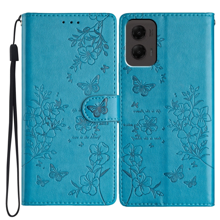 For Motorola Moto G Stylus 5G 2024 Butterflies and Flowers Leather Phone Case(Blue) - Motorola Cases by PMC Jewellery | Online Shopping South Africa | PMC Jewellery | Buy Now Pay Later Mobicred