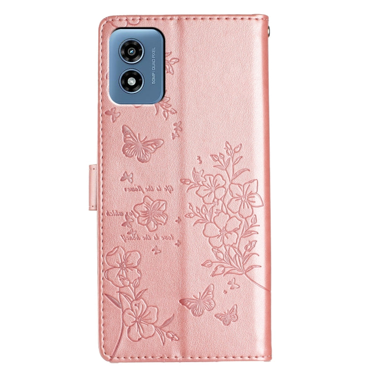 For Motorola Moto G Play 2024 Butterflies and Flowers Leather Phone Case(Rose Gold) - Motorola Cases by PMC Jewellery | Online Shopping South Africa | PMC Jewellery | Buy Now Pay Later Mobicred