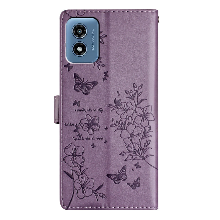 For Motorola Moto G Play 2024 Butterflies and Flowers Leather Phone Case(Purple) - Motorola Cases by PMC Jewellery | Online Shopping South Africa | PMC Jewellery | Buy Now Pay Later Mobicred