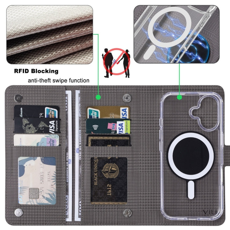 For iPhone 16 Plus ViLi GHA-C Series RFID MagSafe Magnetic Flip Leather Phone Case(Grey) - free shipping - PMC TechLife - Order now!