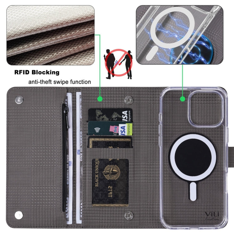 For iPhone 16 ViLi GHB-C Series RFID MagSafe Magnetic Flip Leather Phone Case(Grey) - iPhone 16 Cases by ViLi | Online Shopping South Africa | PMC TechLife | Buy Now Pay Later Mobicred
