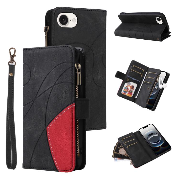 For iPhone 16e Dual-color 9 Card Slots Zipper Wallet Leather Phone Case(Black) - iPhone 16e Cases by PMC TechLife | Online Shopping South Africa | PMC TechLife | Buy Now Pay Later Mobicred