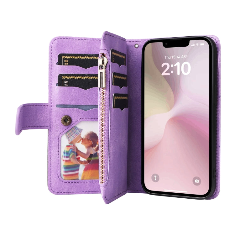 For iPhone 16e Dual-color 9 Card Slots Zipper Wallet Leather Phone Case(Purple) - iPhone 16e Cases by PMC TechLife | Online Shopping South Africa | PMC TechLife | Buy Now Pay Later Mobicred