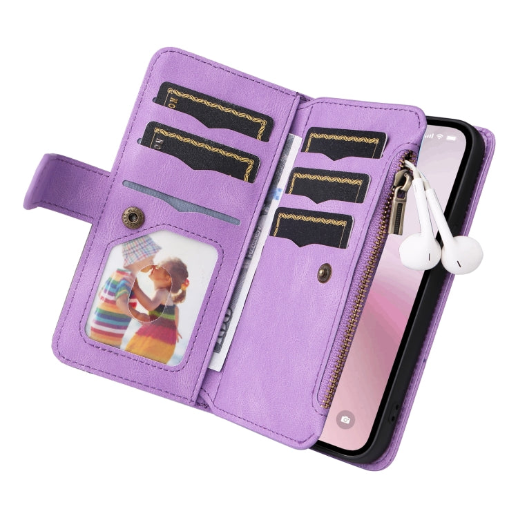 For iPhone 16e Dual-color 9 Card Slots Zipper Wallet Leather Phone Case(Purple) - iPhone 16e Cases by PMC TechLife | Online Shopping South Africa | PMC TechLife | Buy Now Pay Later Mobicred