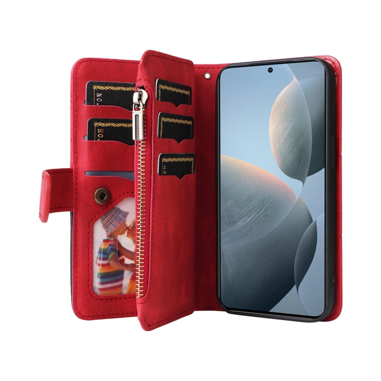 For Redmi K70 Dual-color 9 Card Slots Zipper Wallet Leather Phone Case(Red) - free shipping - PMC Jewellery - Order now!