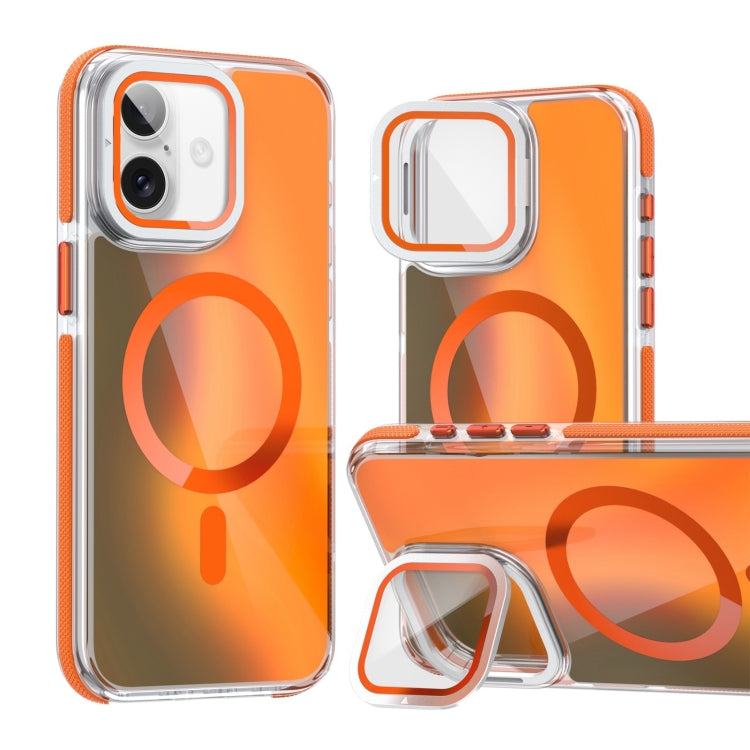 For iPhone 16 Plus MagSafe Gradient Color Lens Film Phone Case with Lens Fold Holder(Orange) - iPhone 16 Plus Cases by PMC TechLife | Online Shopping South Africa | PMC TechLife | Buy Now Pay Later Mobicred