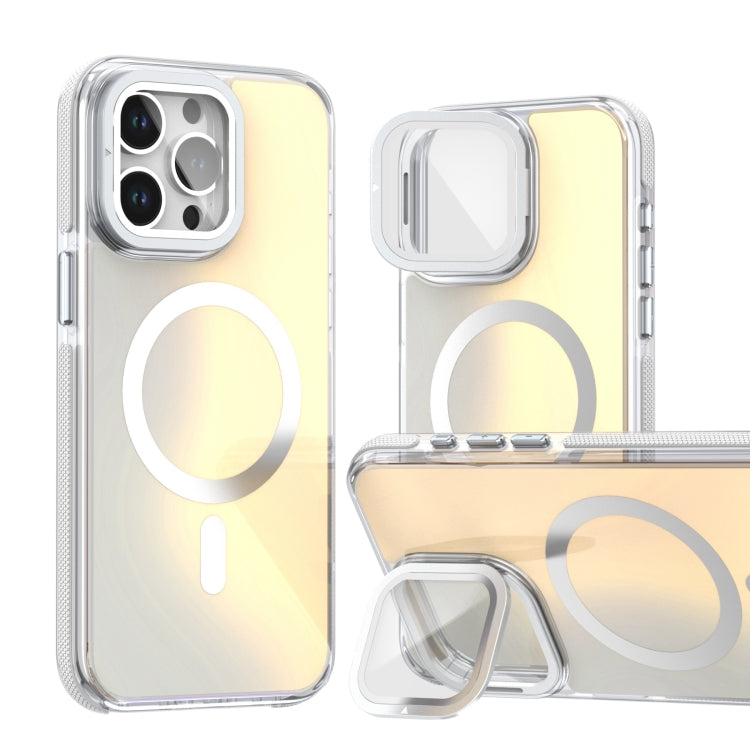 For iPhone 16 Pro Max MagSafe Gradient Color Lens Film Phone Case with Lens Fold Holder(White) - iPhone 16 Pro Max Cases by PMC TechLife | Online Shopping South Africa | PMC TechLife | Buy Now Pay Later Mobicred